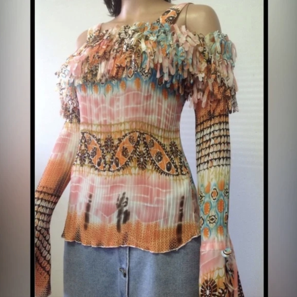 Kaelyn-Max Colorful Y2K Pleats & Ruffles Stretch Top - 1X